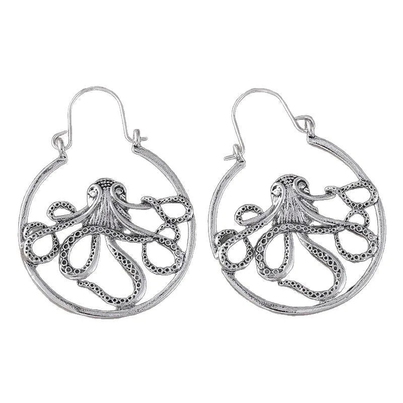 Vintage antique silver octopus earrings with electroplated finish
