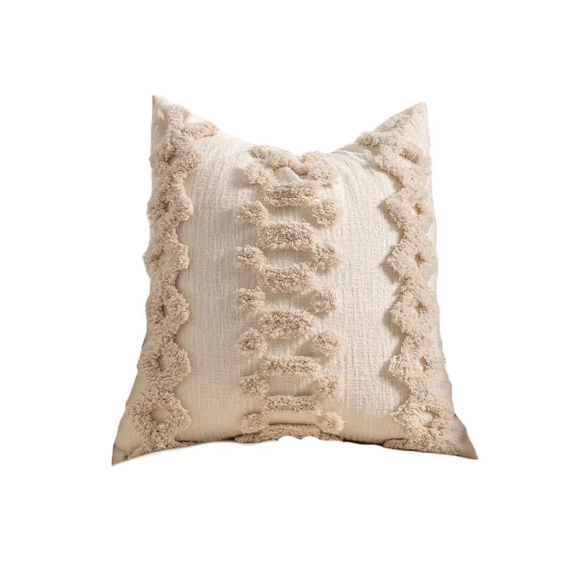 Knitted cushion cover with tassel edge detailing showing stripe pattern and pp cotton filler