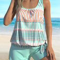 Women's sky blue striped bikini swimsuit with colour split design in polyester fabric