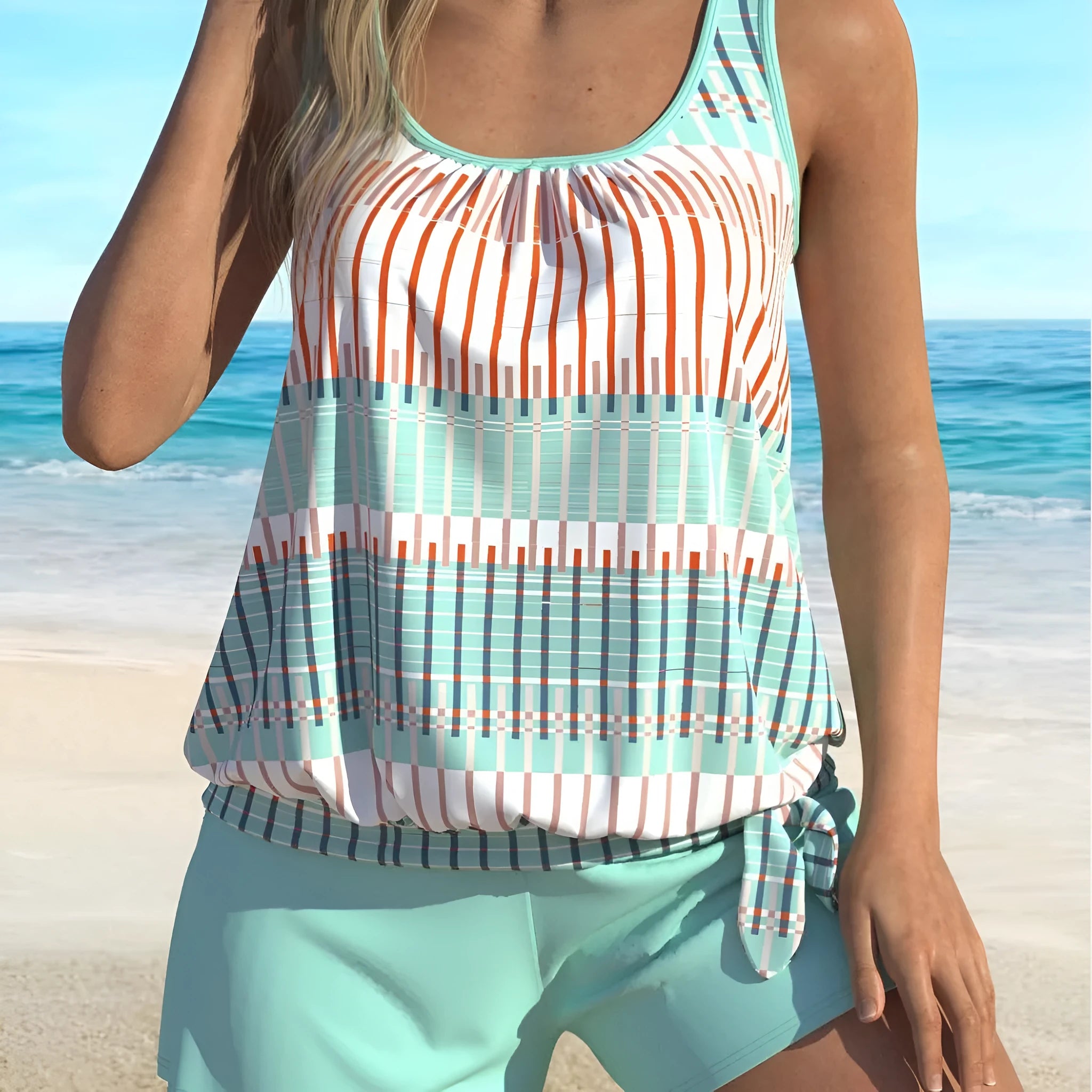 Women's sky blue striped bikini swimsuit with colour split design in polyester fabric