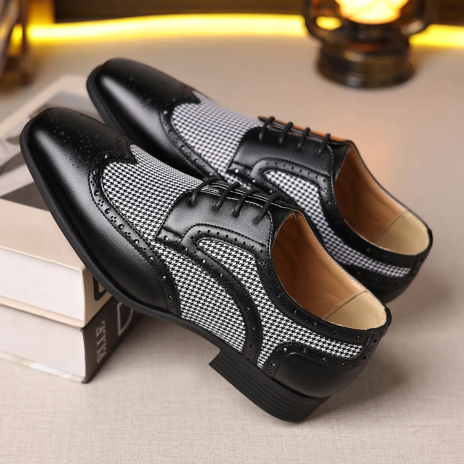 Men's black houndstooth pattern casual lace-up shoes with a square toe and rubber sole.