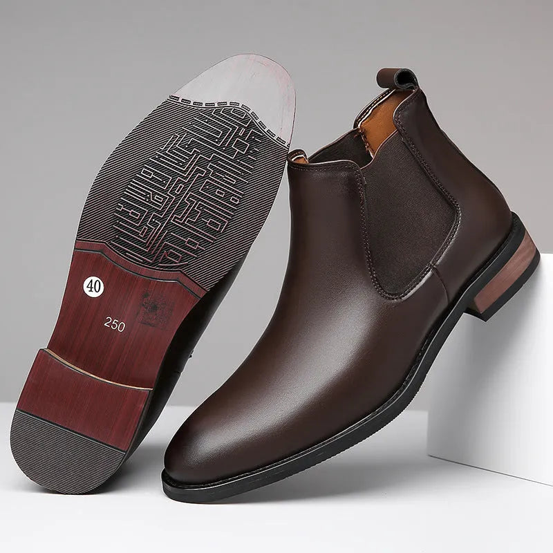 Men's black and light brown Chelsea boots with pointed toe and artificial PU upper