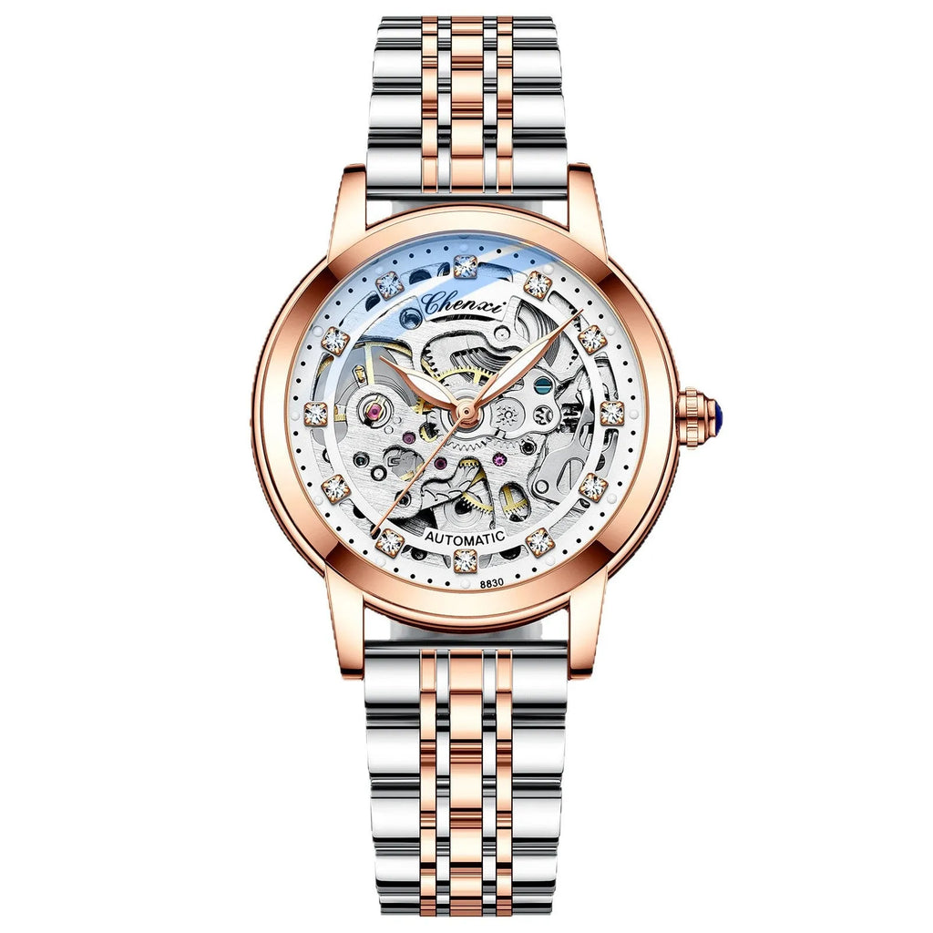 Fashion automatic hollow mechanical watch with round dial and genuine leather strap in black colour