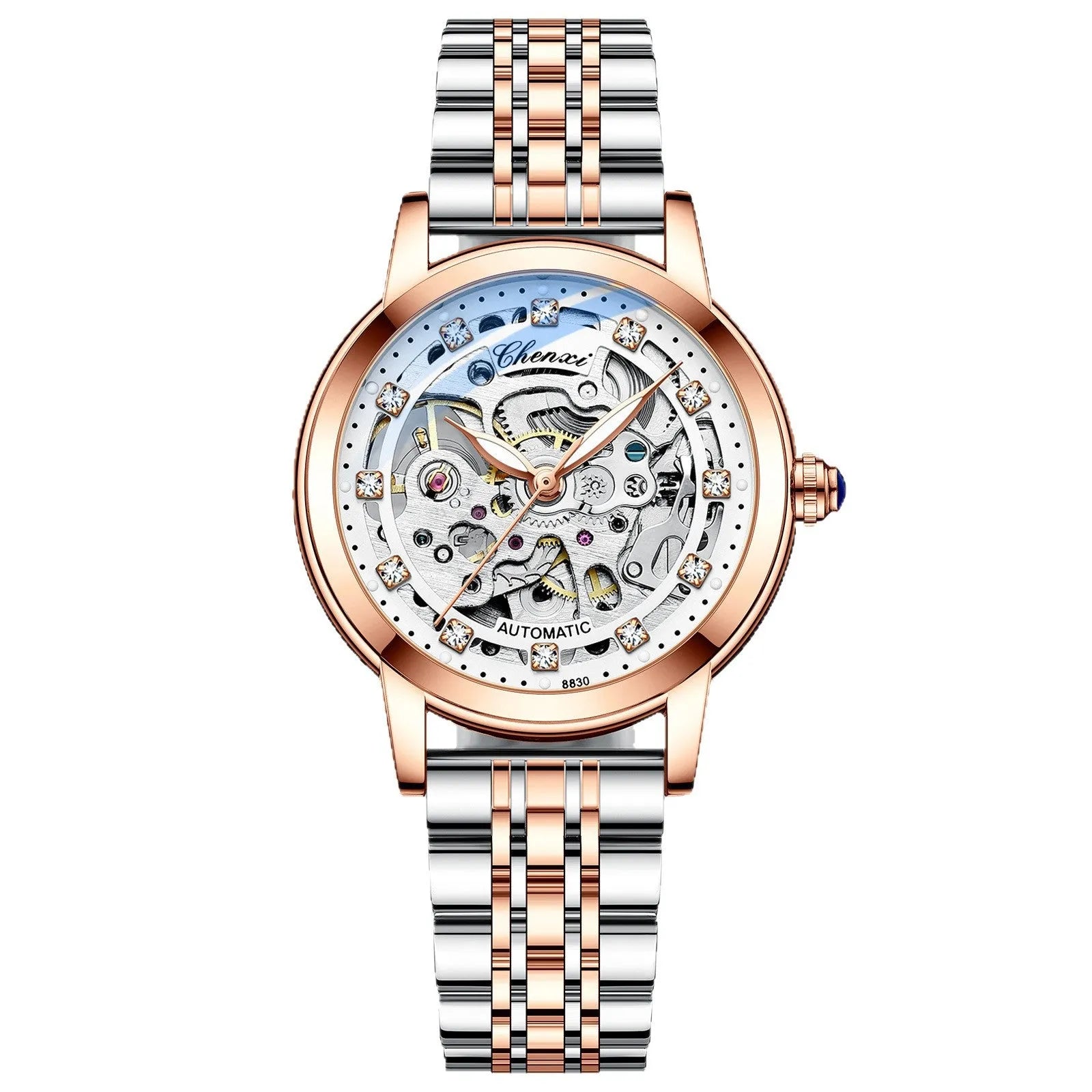 Fashion automatic hollow mechanical watch with round dial and genuine leather strap in black colour
