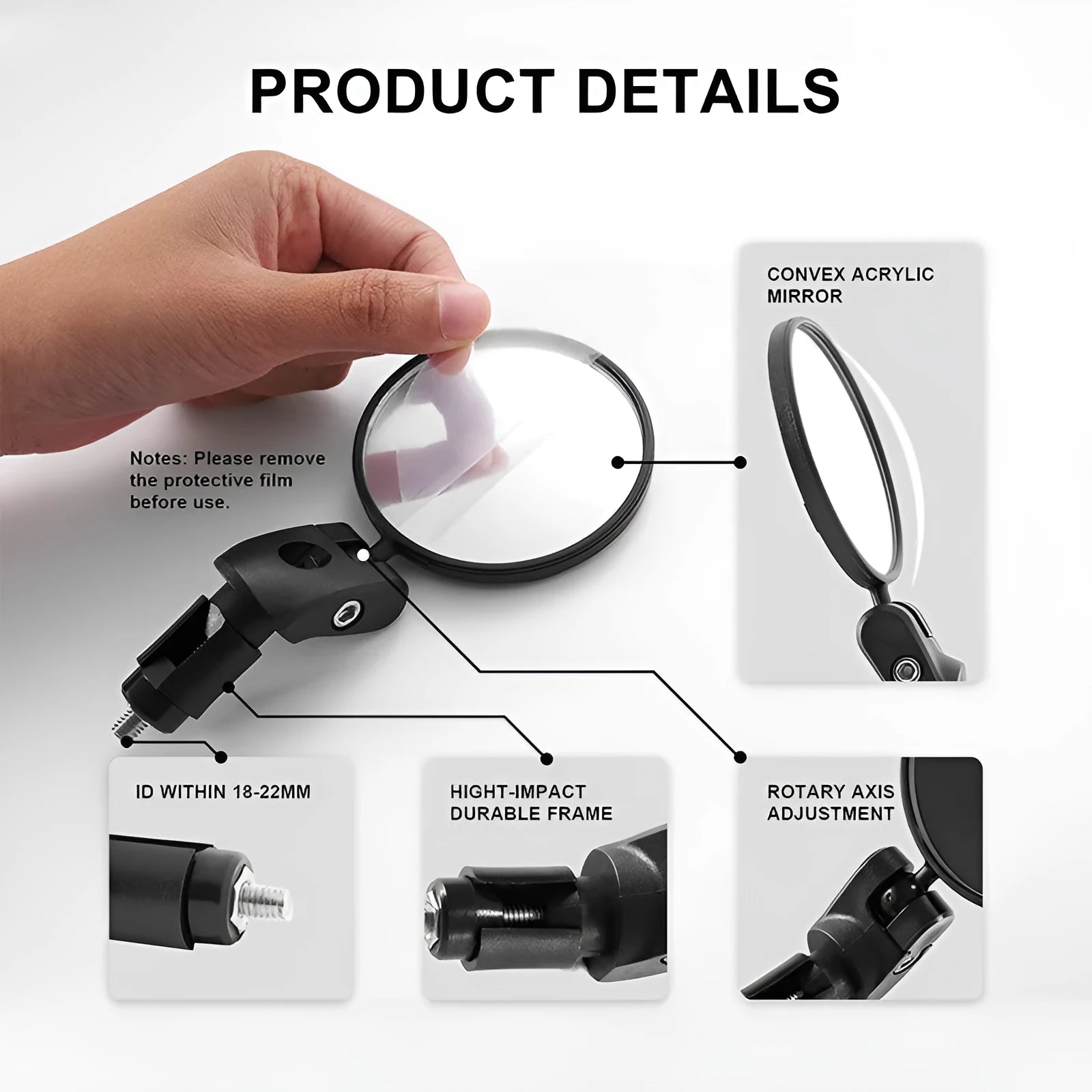 Foldable convex bicycle rearview mirror with ABS housing for mountain and highway use, single or 2 pack