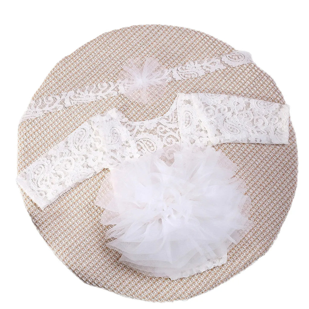 Newborn two-piece set with lace puff gauze skirt and flower headdress in pink, white, or purple