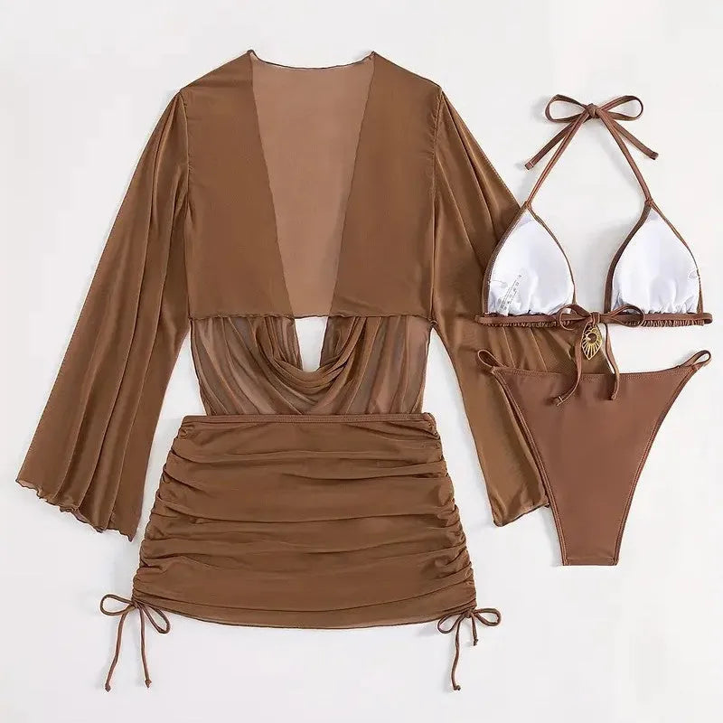 Dark brown lace-up bikini swimsuit set for women on a mannequin, showing backless design.