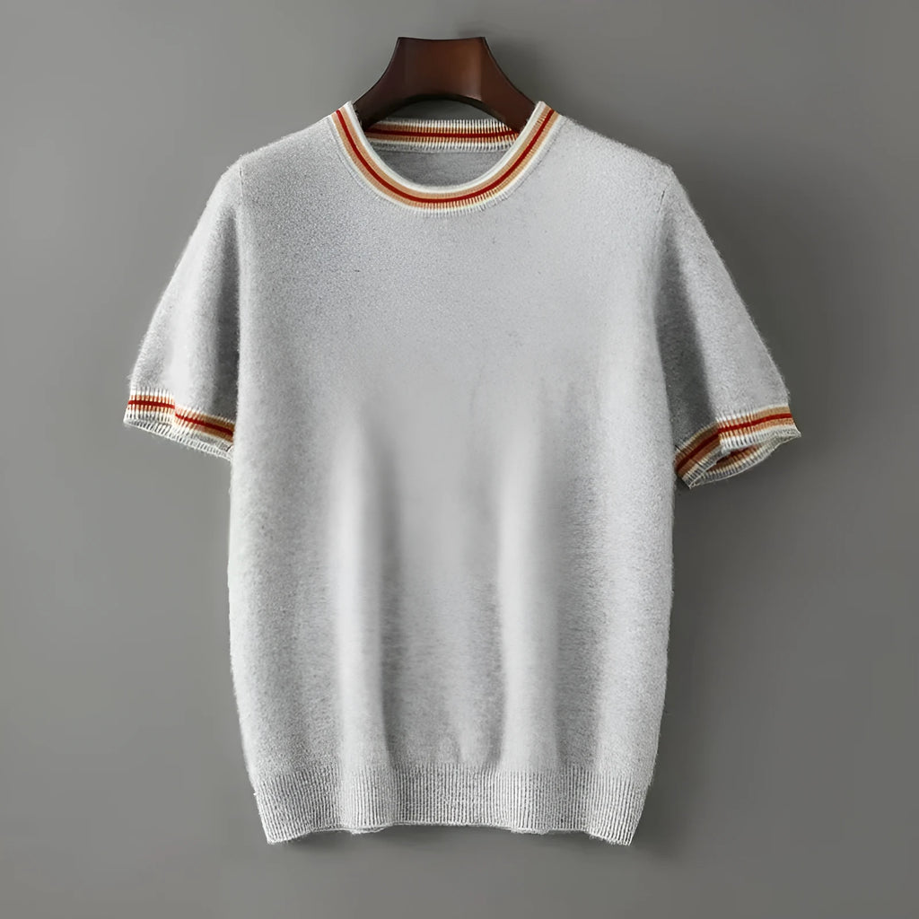 Men's round neck short sleeve pure wool sweater in grey on a hanger.