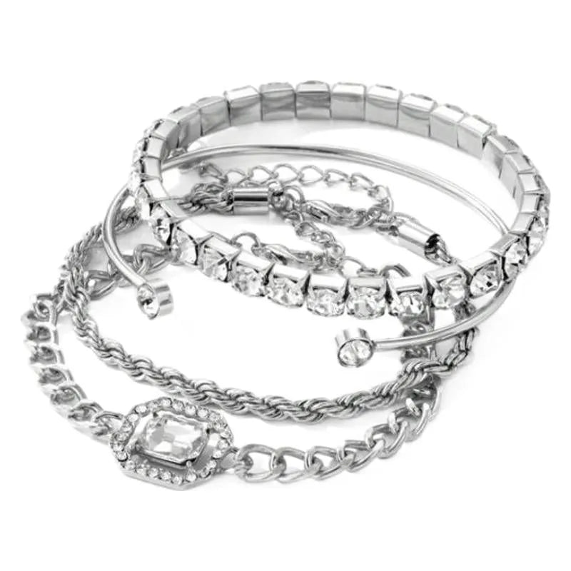 Set of four women's alloy bracelets with geometric square diamond charms and metal chains in gold or silver.