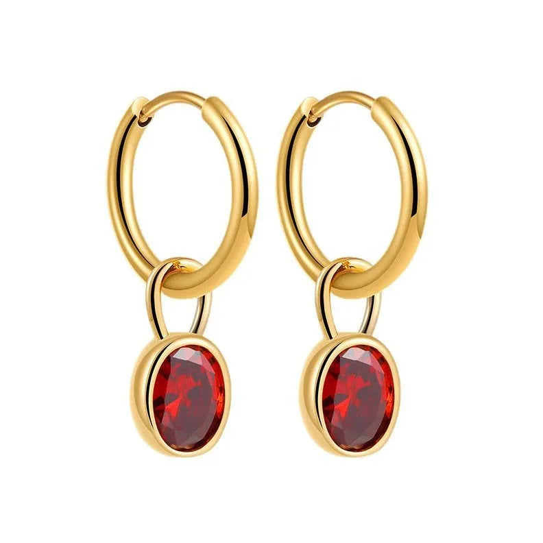Women's oval zircon clip earrings in army green with polished copper setting on a white background.