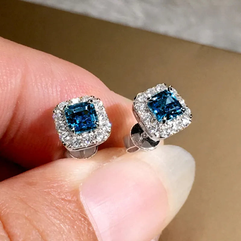 Square green zircon earrings with gold electroplated setting on copper base