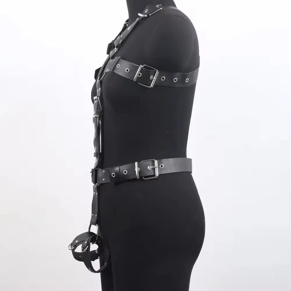 Black imitation leather waist trainer shapewear belt with pin buckle on a mannequin.