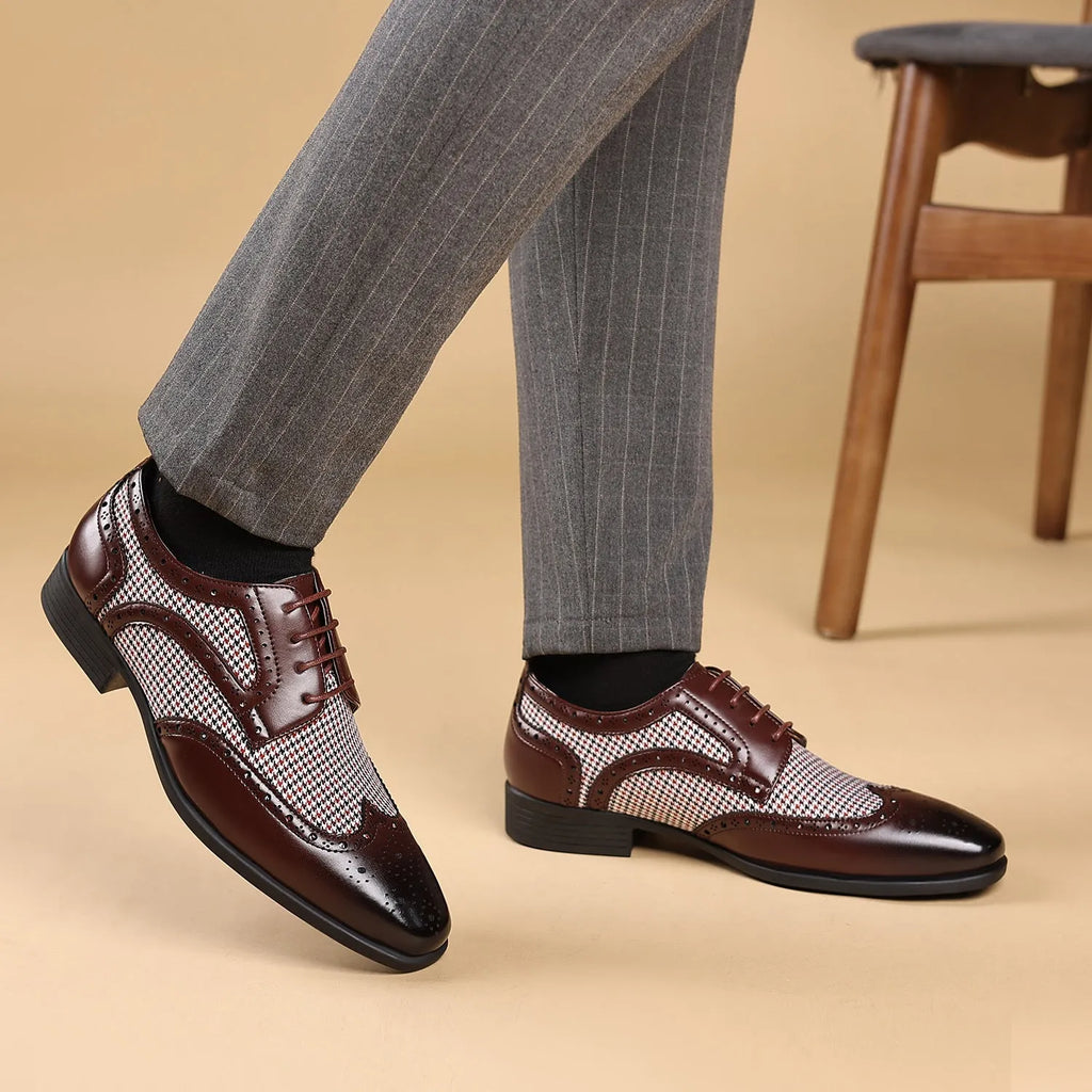 Men's black houndstooth pattern casual lace-up shoes with a square toe and rubber sole.