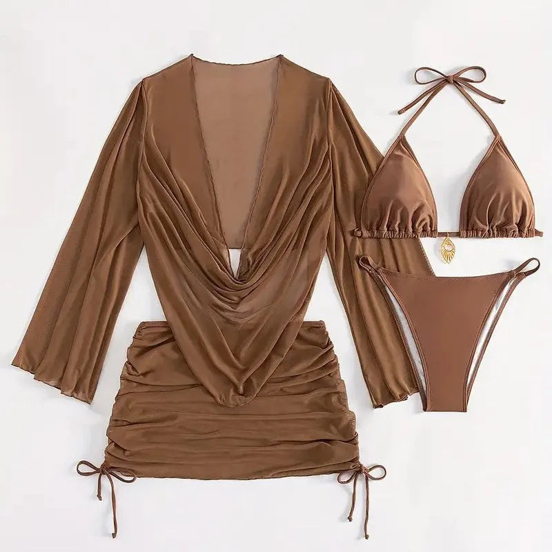 Dark brown lace-up bikini swimsuit set for women on a mannequin, showing backless design.