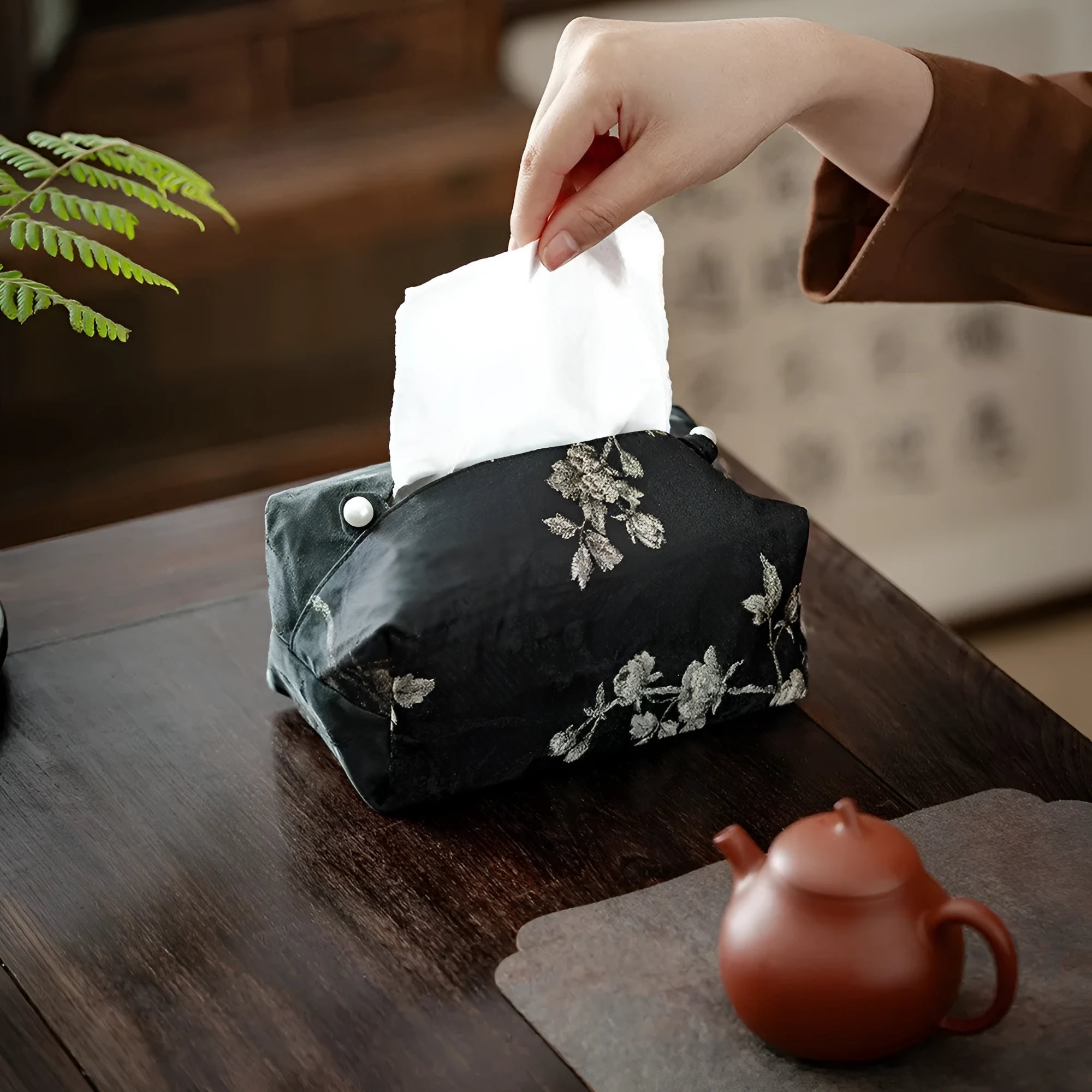 New Chinese polyester cloth tissue box cover, about 17 x 6.5 x 10 cm, white pearl buckle option