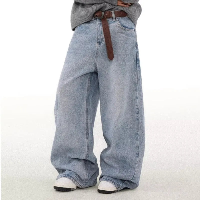 Blue retro washed distressed straight leg jeans with micro elastic cotton fabric and zipper fly