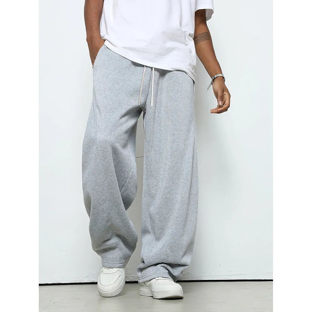 Men's casual straight leg trousers with micro-elastic waist in black, grey, and light grey options