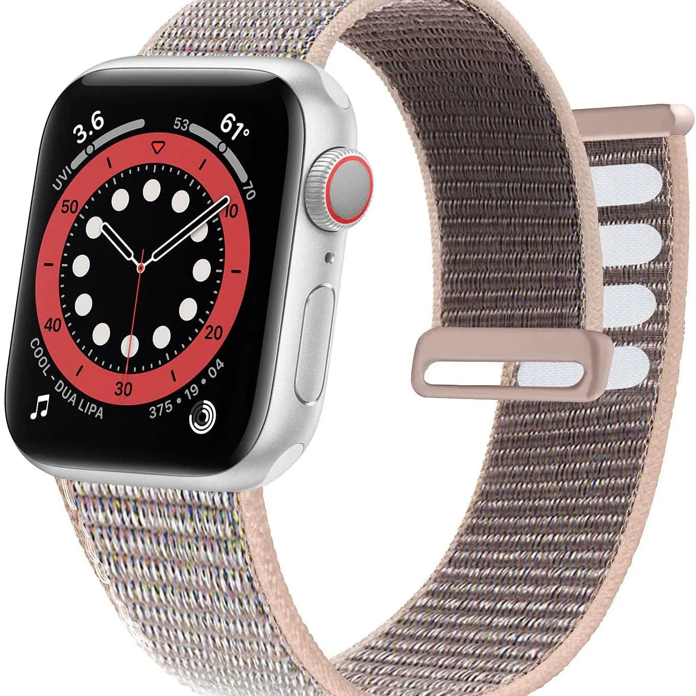 Woven nylon Apple Watch strap in multiple colours including reflective and rainbow patterns.