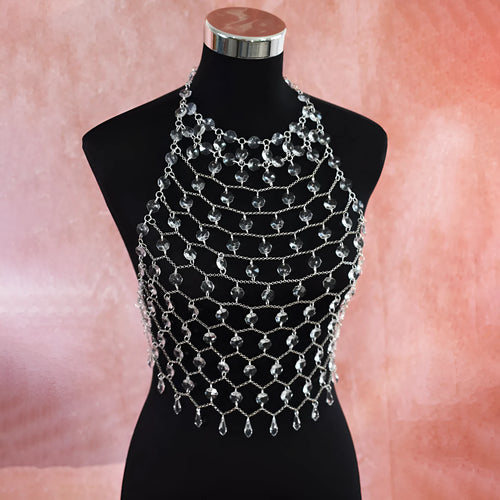 Transparent acrylic crystal sequins body chain chest necklace jewellery in hand-woven construction