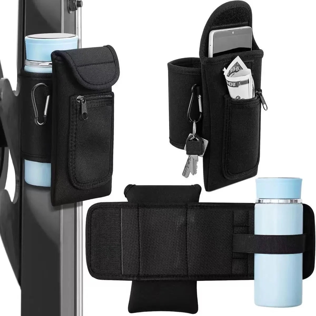 Fitness water bottle cover in cloth with a choice of magnetic clasp or carabiner clip in various colours.
