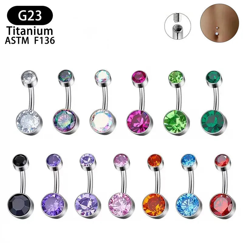 Titanium alloy navel stud with double zircon heads and internal thread in multiple colour options