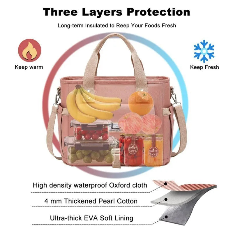 Portable cube-shaped Oxford cloth picnic bag with a removable shoulder strap and side pocket.
