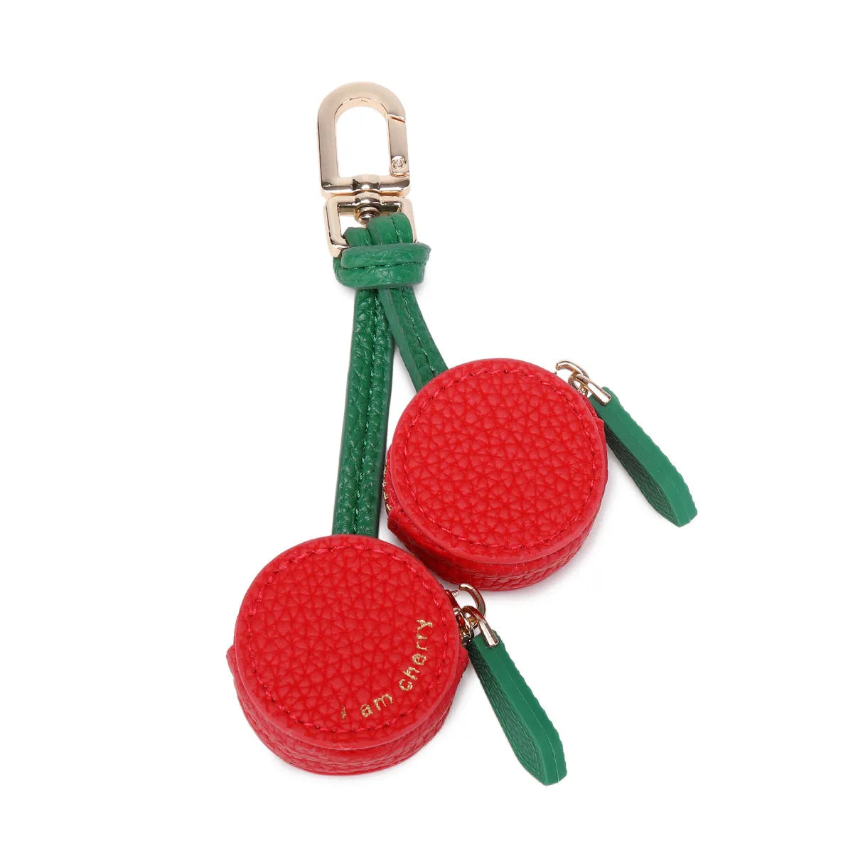 Mini coin bag keychain in cherry red, blueberry blue and orange colours with leather attachment