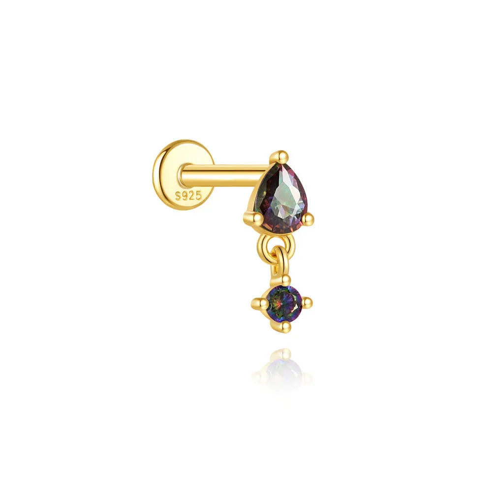 S925 sterling silver flat head thread earrings with rainbow stone in geometric shape