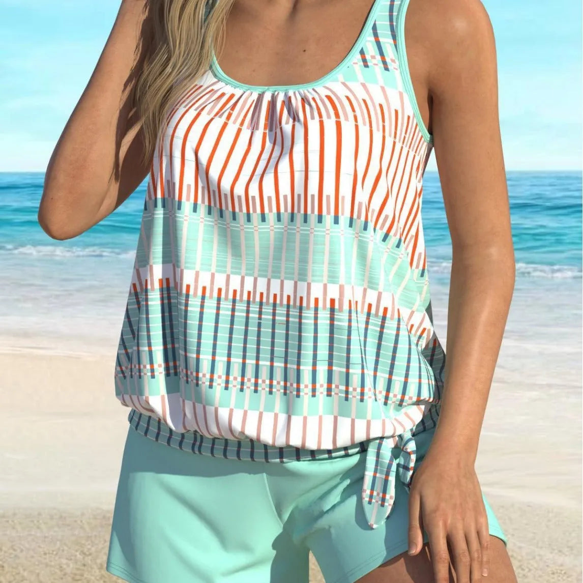 Women's sky blue striped bikini swimsuit with colour split design in polyester fabric