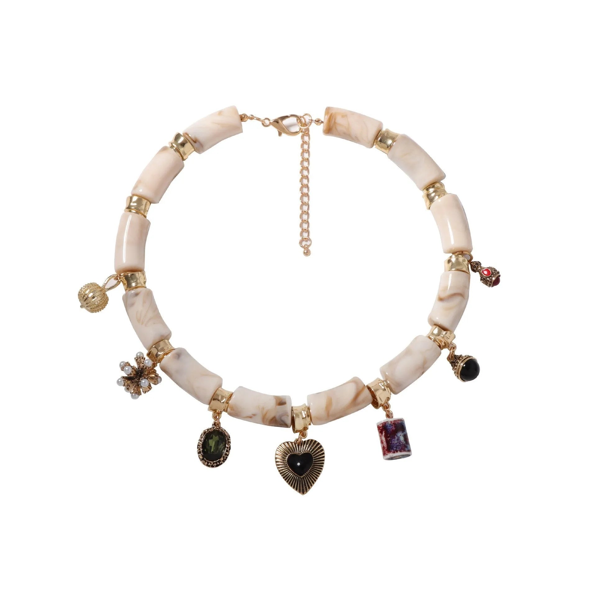 Heart-shaped resin pendant necklace with bamboo detail and adjustable chain