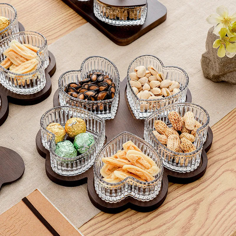 Glass fruit snack platter set with transparent heart-shaped bowl lid in retro style