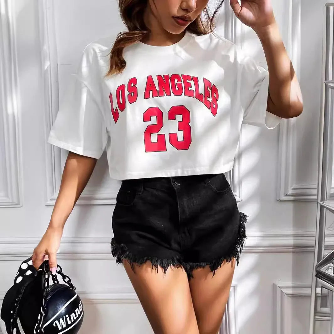 Black loose-fit cotton T-shirt with personalised white English letter print and a navel-revealing cut.