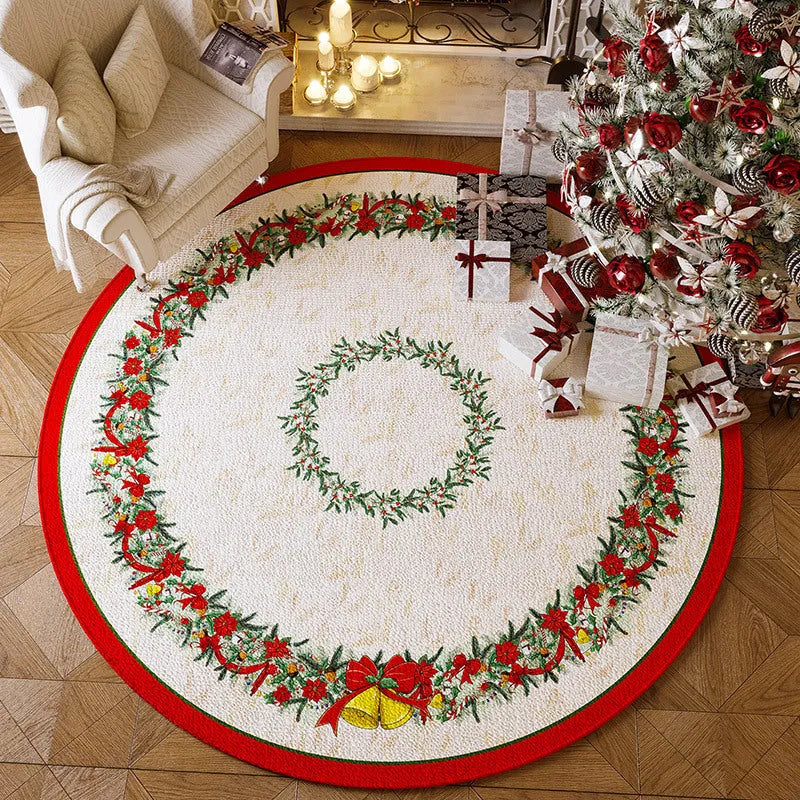 Round red Christmas floor mat with festive designs in polyester material on living room floor