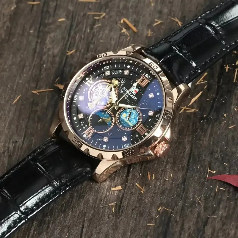Men's black and rose gold automatic skeleton watch with large dial and leather strap.