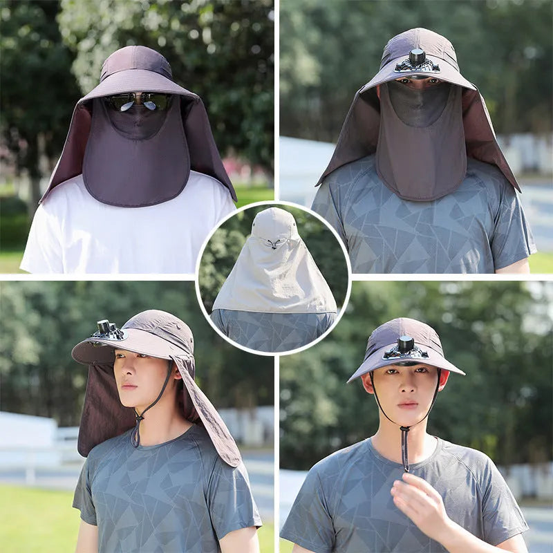 Men's sun protection hat with USB fan and face covering shawl in khaki colour for outdoor activities