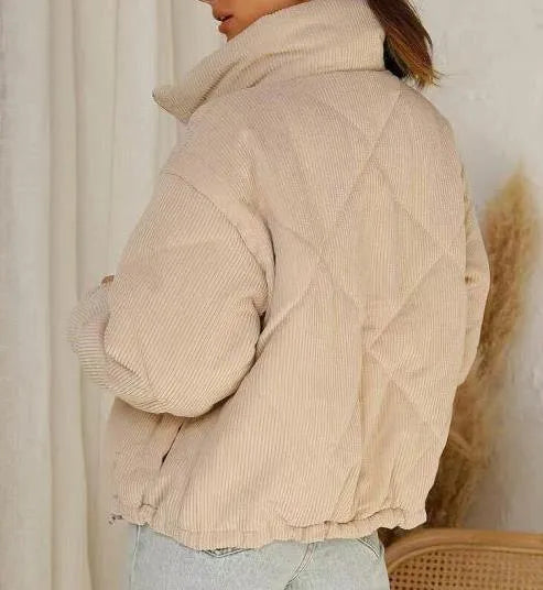 Apricot women's corduroy jacket with stand collar and full-length zipper