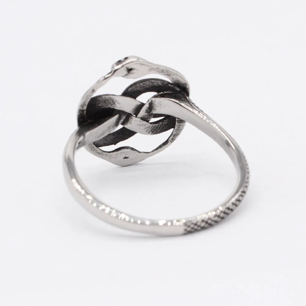Steel coloured titanium steel double snake ring with a retro design on a finger.