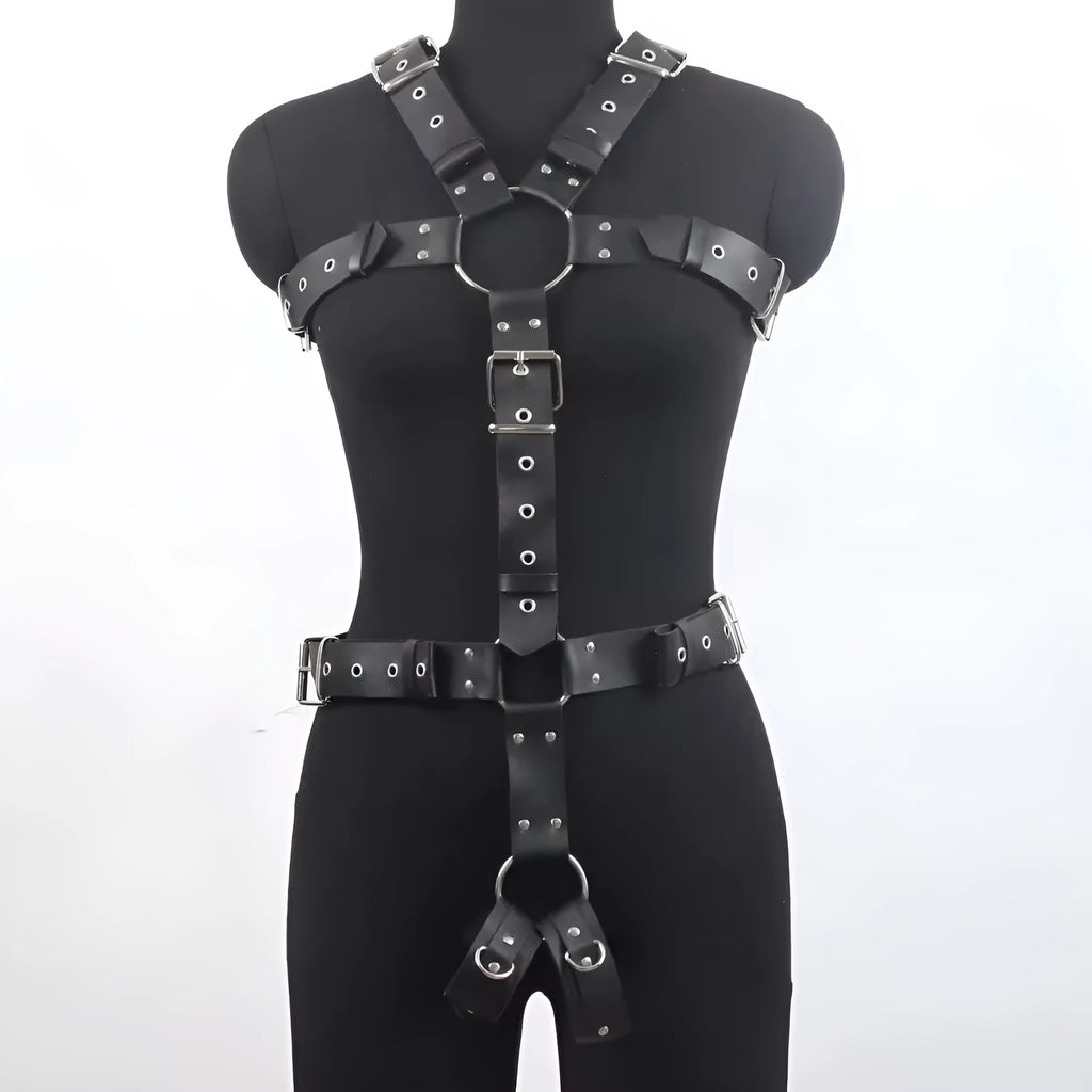 Black imitation leather waist trainer shapewear belt with pin buckle on a mannequin.