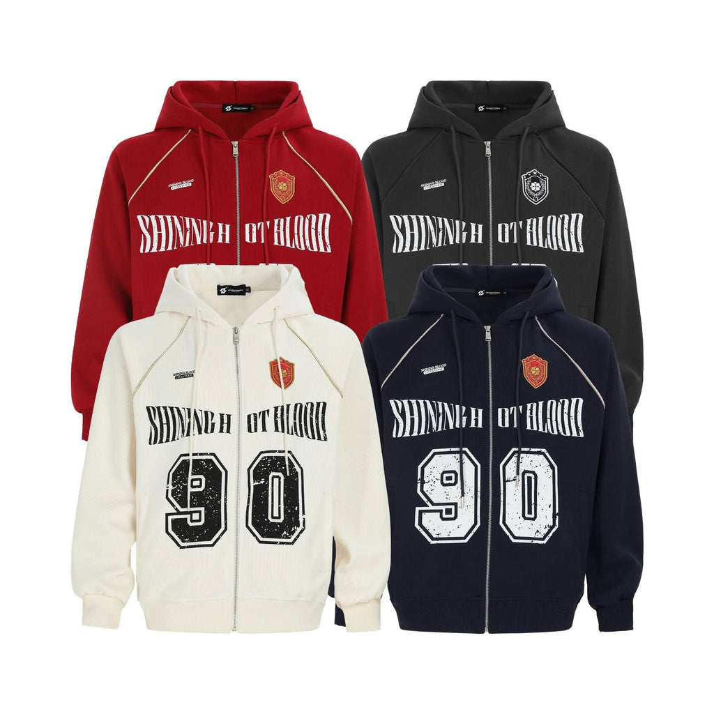 Women's American retro style loose-fit hooded jacket with embroidered line letter patterns in cotton blend fabric