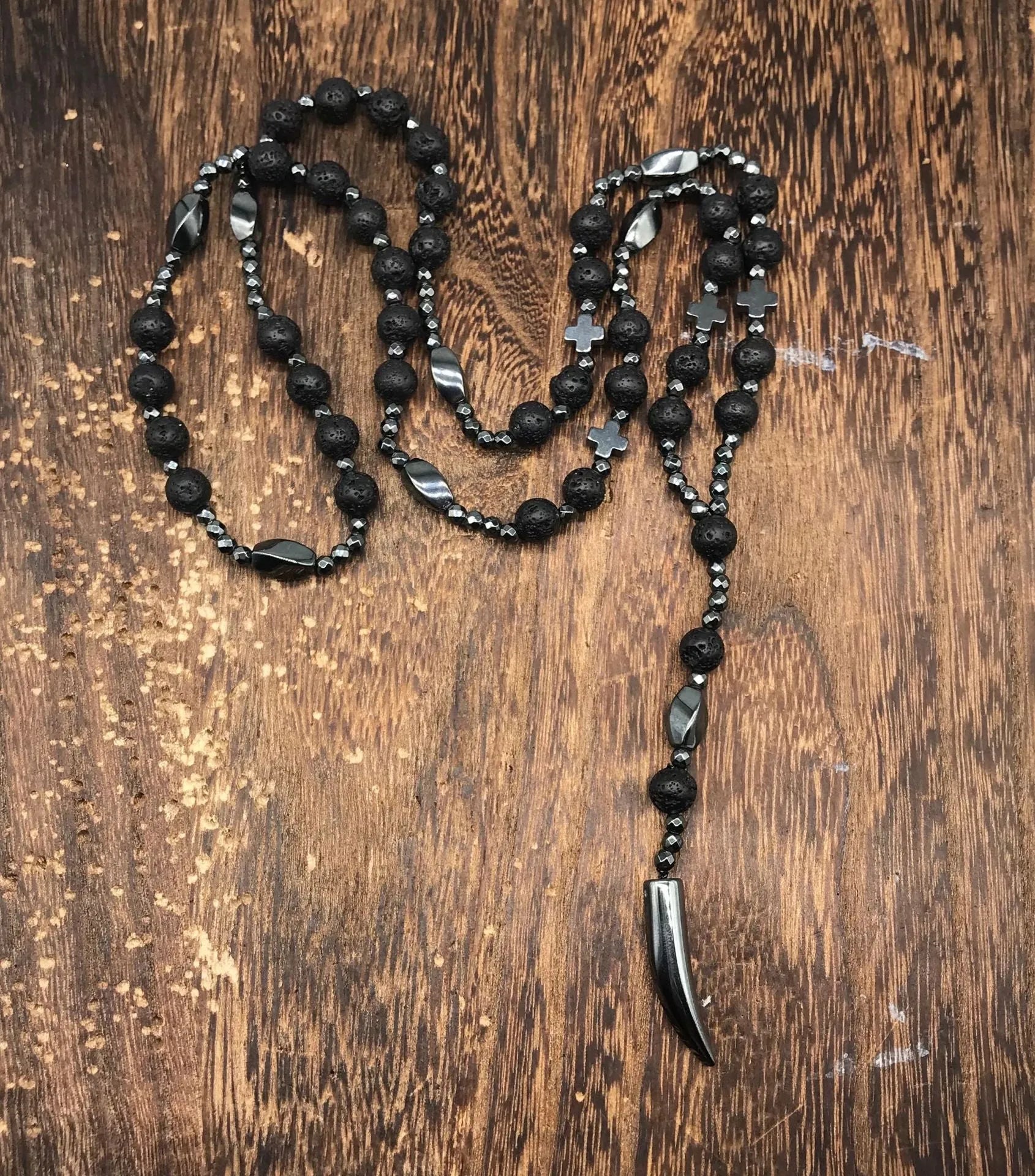 Stone cross pendant necklace with geometric design on 80cm bead chain