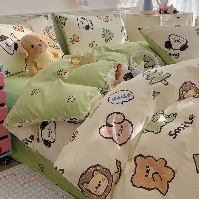 Cartoon dog print pure cotton duvet cover set with fitted sheet on a single bed