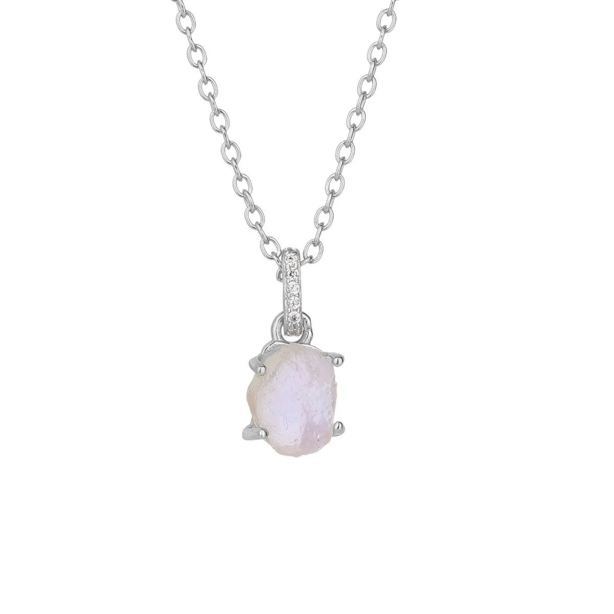 Close-up of a sterling silver necklace with a square moonstone pendant on an adjustable curb chain.