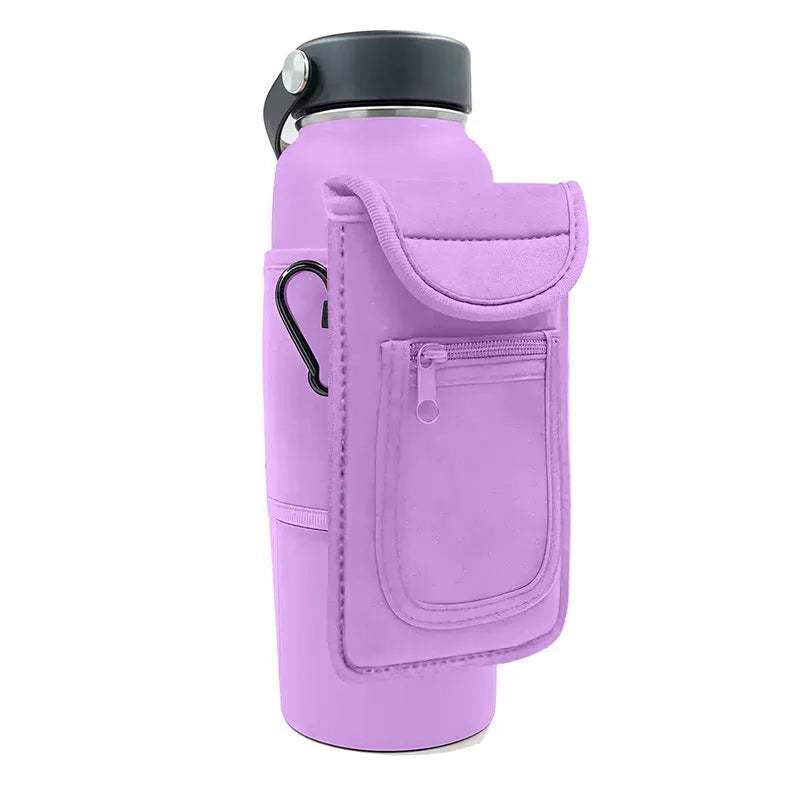 Fitness water bottle cover in cloth with a choice of magnetic clasp or carabiner clip in various colours.