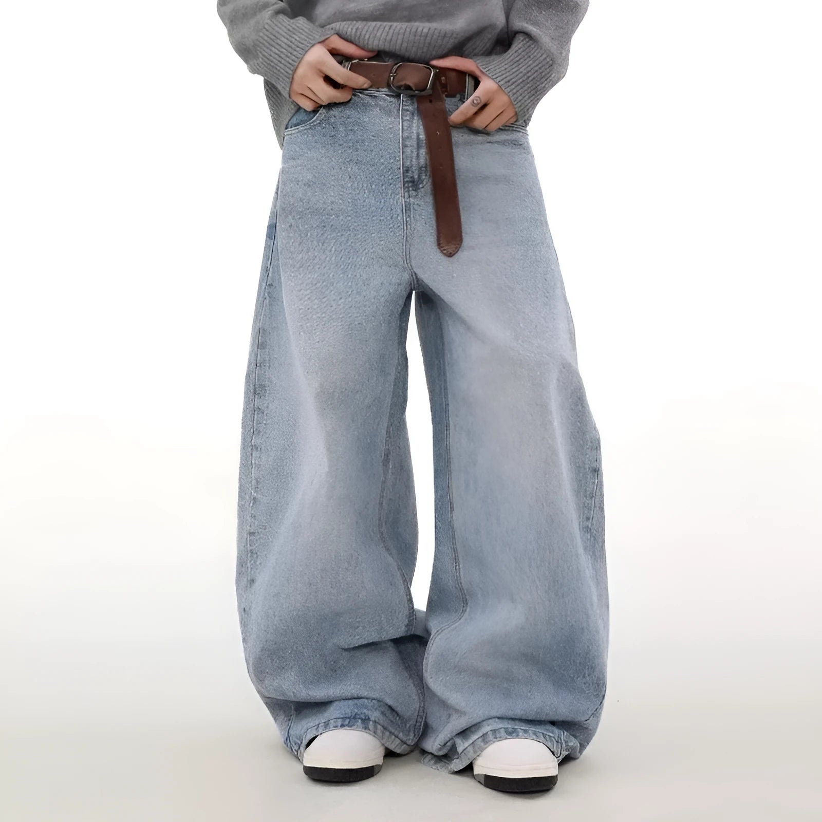 Blue retro washed distressed straight leg jeans with micro elastic cotton fabric and zipper fly