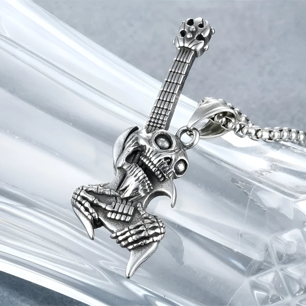 Ethnic skull guitar motorcycle pendant necklace with alloy pendant and titanium steel pearl chain, unisex design.