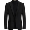 Men's grey slim fit wool suit jacket with a non-ironing finish on a hanger.