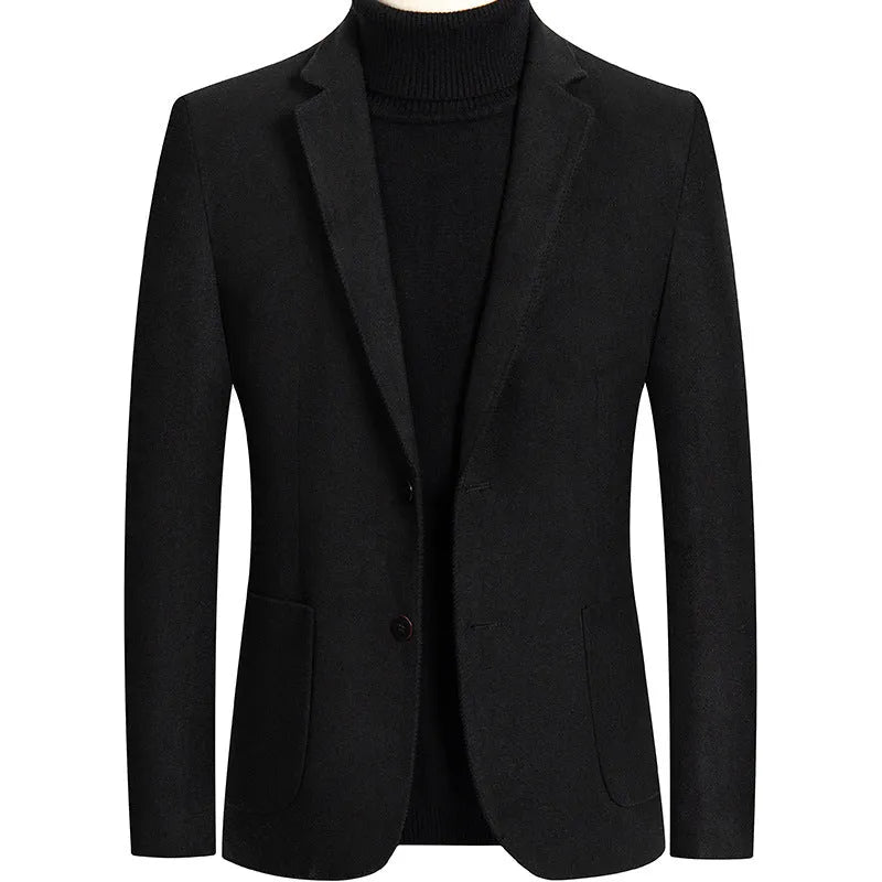 Men's grey slim fit wool suit jacket with a non-ironing finish on a hanger.