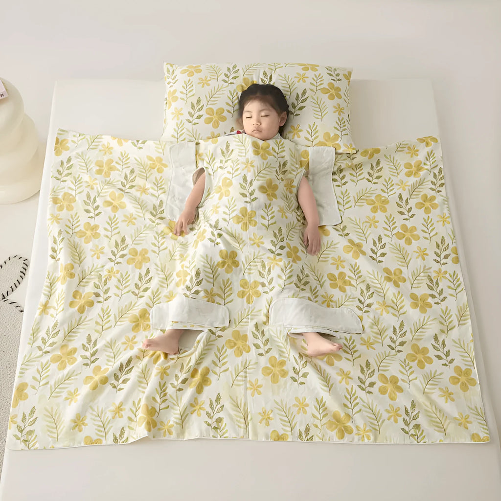 Anti-kick sleeping bag blanket in a printed colour design, shown with an optional matching pillowcase.