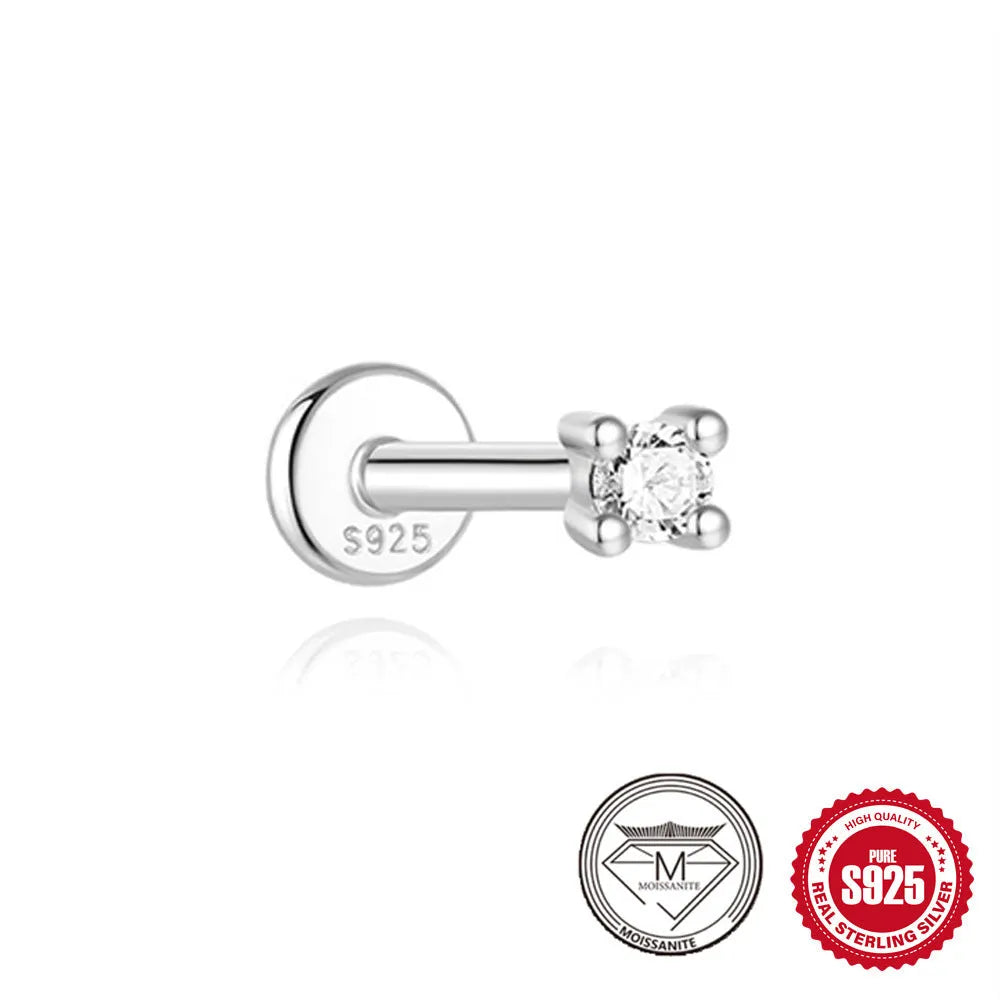 925 sterling silver geometric petal diamond stud earrings showing nose ring, triangle and circular styles