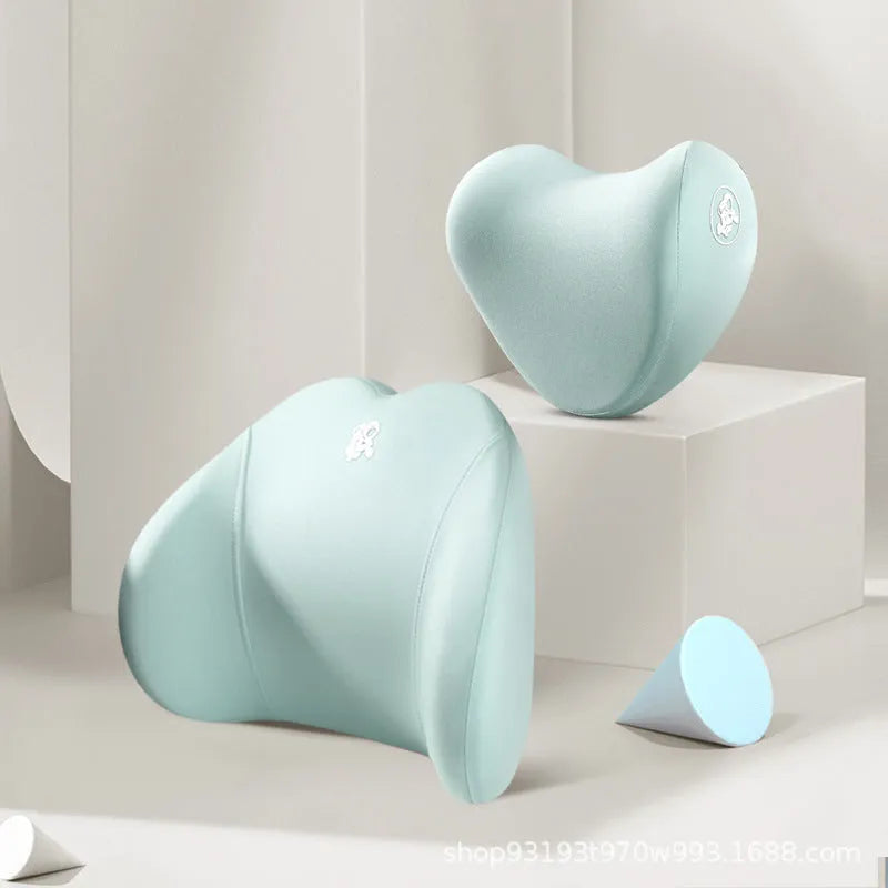 Heart-pattern memory foam car pillow set with headrest and lumbar support pillows in cotton cover